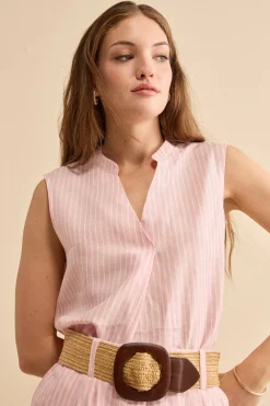 Top Smanicato in Lino a Righe - ROSA RIGATO