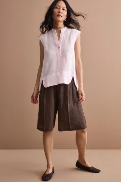 Top Smanicato in Lino con Scollo a V - ROSA